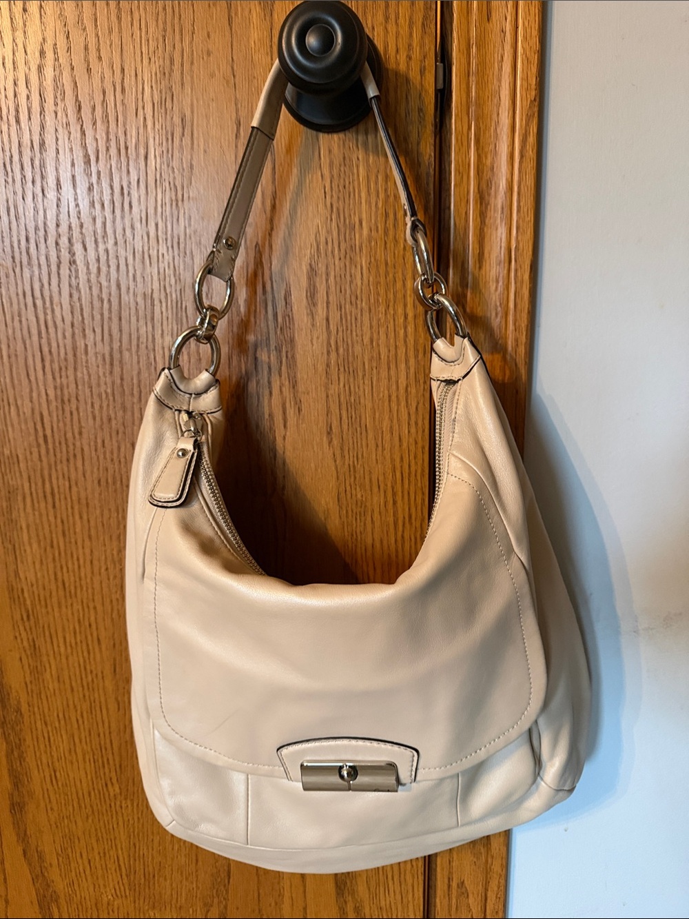 Coach Cream Leather Shoulder Hobo Bag with Silver Hardware